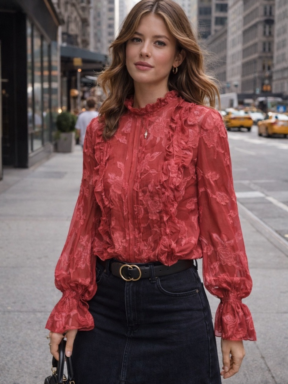 Leith floral blouse sheer ruffle pleated front keyhole‎ back coquette FLAWS